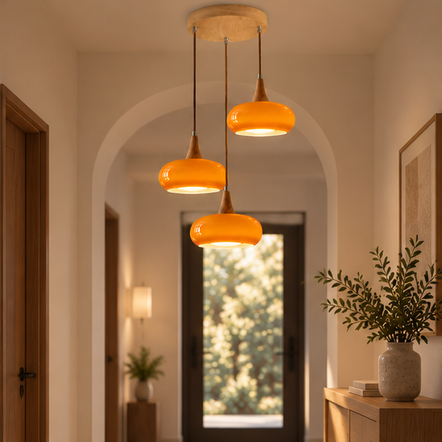 LuxRoyale Three Headed Wooden Disc Pendant Chandelier