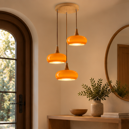 LuxRoyale Three Headed Wooden Disc Pendant Chandelier