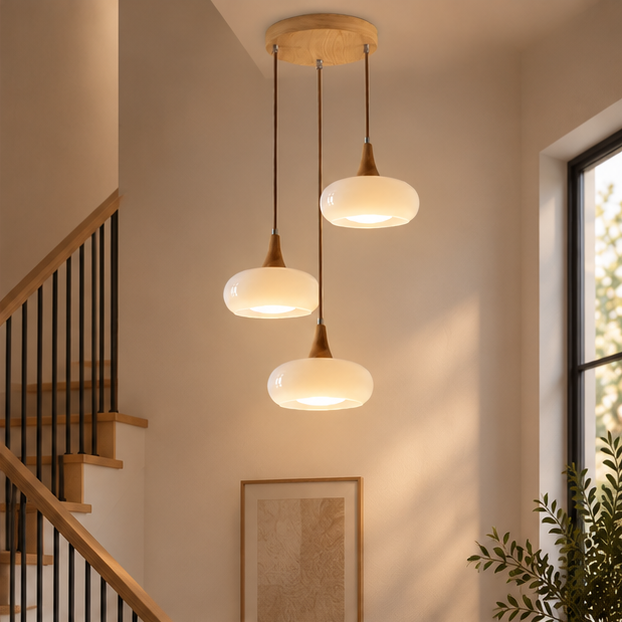 LuxRoyale Three Headed Wooden Disc Pendant Chandelier