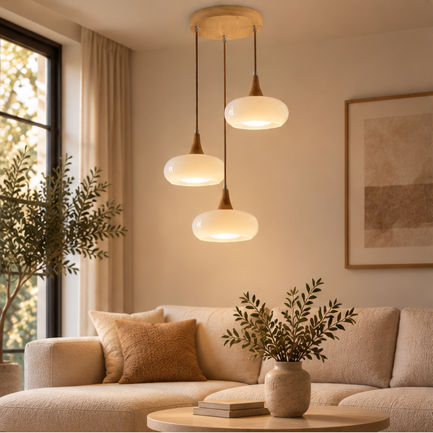 LuxRoyale Three Headed Wooden Disc Pendant Chandelier