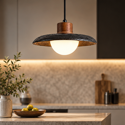 RoyaleGlow Black Travertine Dome Pendant Light With Wood Accent