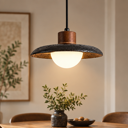 RoyaleGlow Black Travertine Dome Pendant Light With Wood Accent