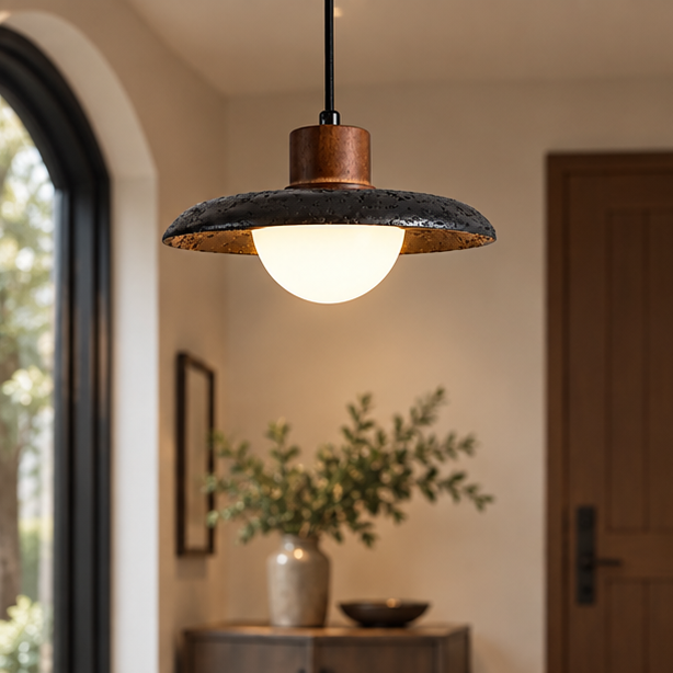 RoyaleGlow Black Travertine Dome Pendant Light With Wood Accent