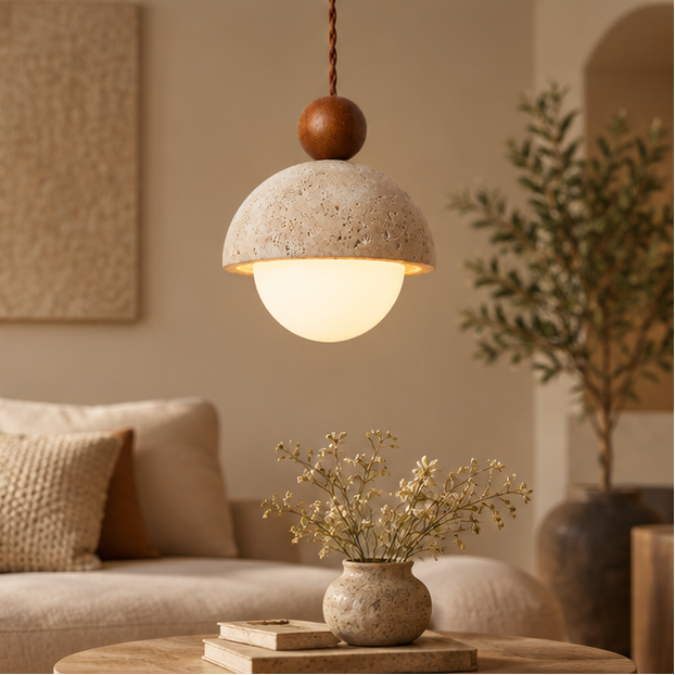 RoyaleGlow Natural Travertine Stone Pendant Light With Wood Accent