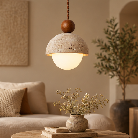 RoyaleGlow Natural Travertine Stone Pendant Light With Wood Accent