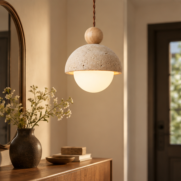 RoyaleGlow Natural Travertine Stone Pendant Light With Wood Accent