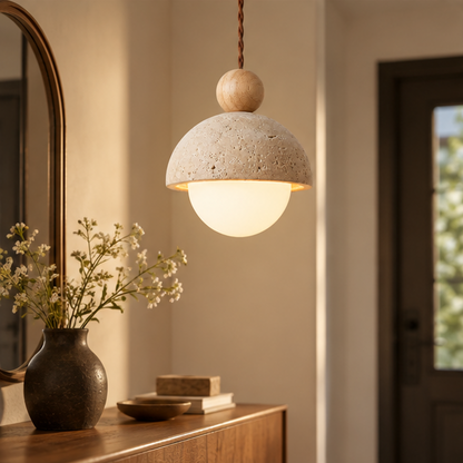 RoyaleGlow Natural Travertine Stone Pendant Light With Wood Accent