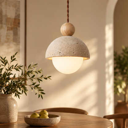 RoyaleGlow Natural Travertine Stone Pendant Light With Wood Accent