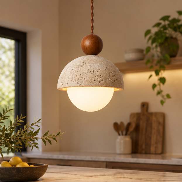 RoyaleGlow Natural Travertine Stone Pendant Light With Wood Accent