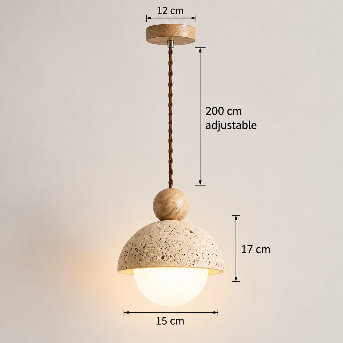 RoyaleGlow Natural Travertine Stone Pendant Light With Wood Accent