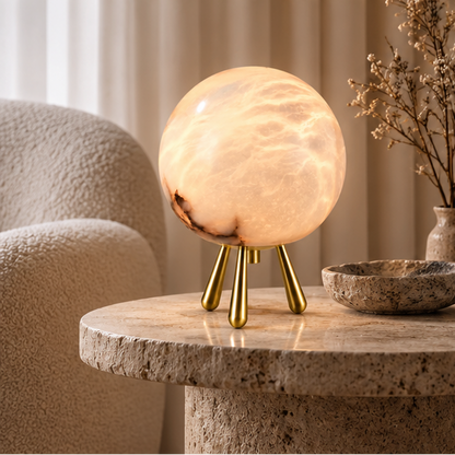 RoyaleGlow Alabaster Stone Sphere Table Lamp with Brass Tripod Base