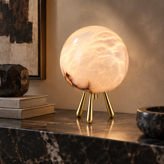 RoyaleGlow Alabaster Stone Sphere Table Lamp with Brass Tripod Base