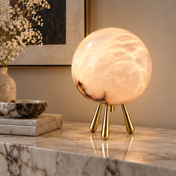 RoyaleGlow Alabaster Stone Sphere Table Lamp with Brass Tripod Base