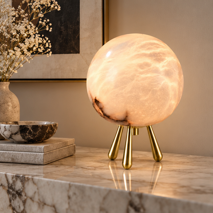 RoyaleGlow Alabaster Stone Sphere Table Lamp with Brass Tripod Base