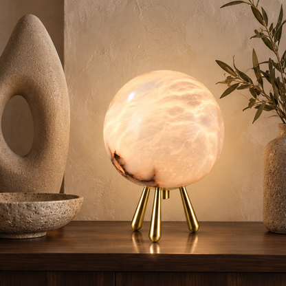 RoyaleGlow Alabaster Stone Sphere Table Lamp with Brass Tripod Base
