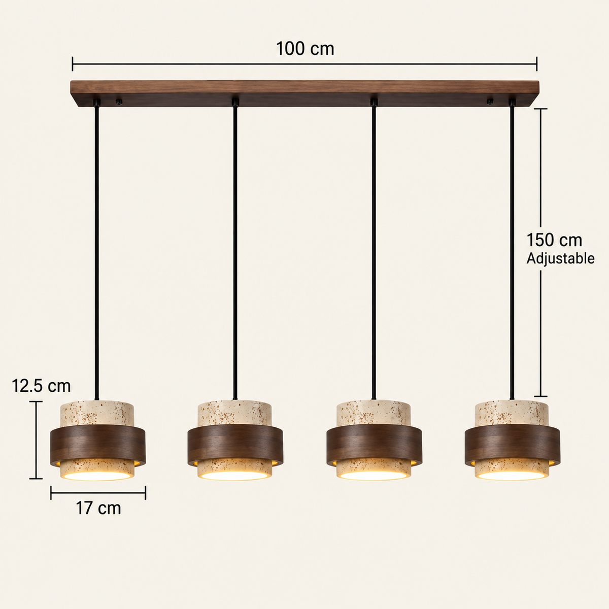 RoyaleGlow Four Light Linear Natural  Travertine & Wood Pendant Chandelier for Kitchen Island