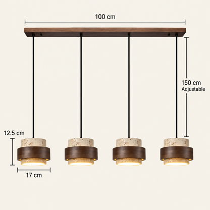 RoyaleGlow Four Light Linear Natural  Travertine & Wood Pendant Chandelier for Kitchen Island