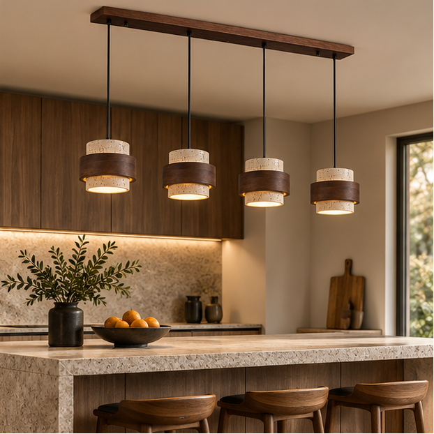 RoyaleGlow Four Light Linear Natural  Travertine & Wood Pendant Chandelier for Kitchen Island