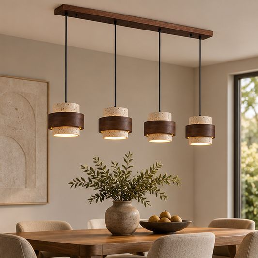 RoyaleGlow Four Light Linear Natural  Travertine & Wood Pendant Chandelier for Kitchen Island
