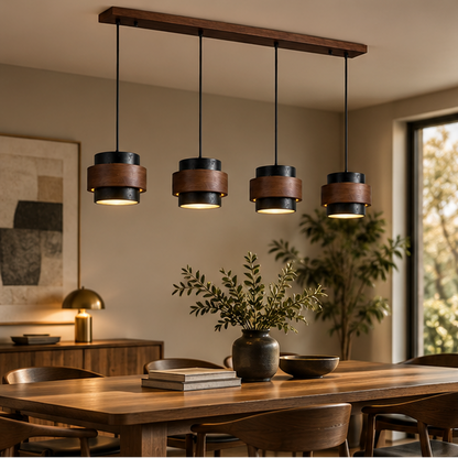 RoyaleGlow Four Light Linear Natural  Travertine & Wood Pendant Chandelier for Kitchen Island