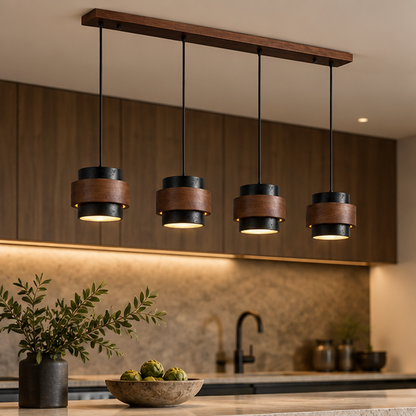 RoyaleGlow Four Light Linear Natural  Travertine & Wood Pendant Chandelier for Kitchen Island
