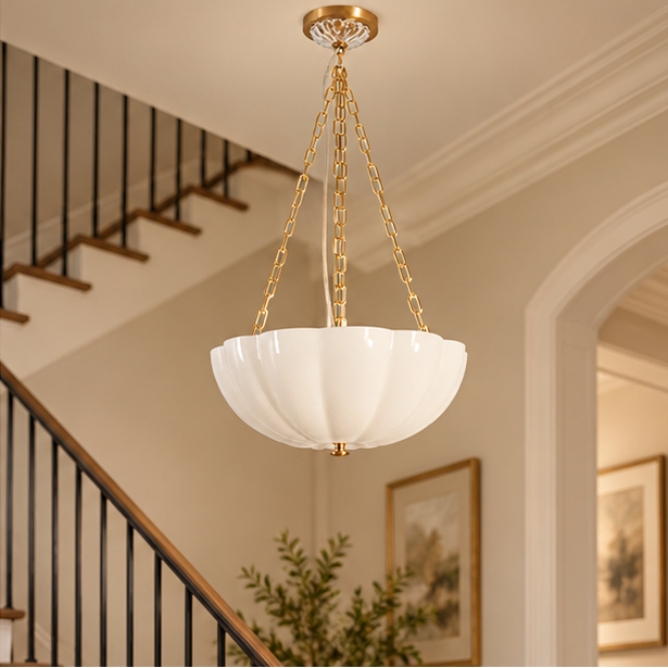 LuxRoyale Glass Bowl Chandelier - Fluted White Pendant Light with Brass Chain