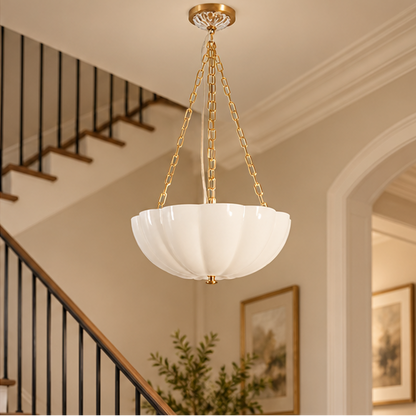 LuxRoyale Glass Bowl Chandelier - Fluted White Pendant Light with Brass Chain