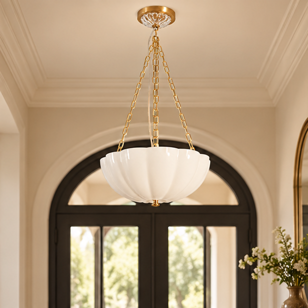 LuxRoyale Glass Bowl Chandelier - Fluted White Pendant Light with Brass Chain
