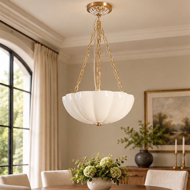LuxRoyale Glass Bowl Chandelier - Fluted White Pendant Light with Brass Chain