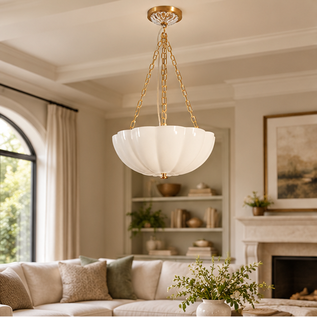 LuxRoyale Glass Bowl Chandelier - Fluted White Pendant Light with Brass Chain