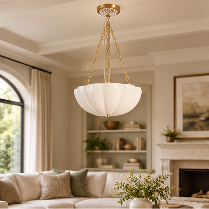 LuxRoyale Glass Bowl Chandelier - Fluted White Pendant Light with Brass Chain