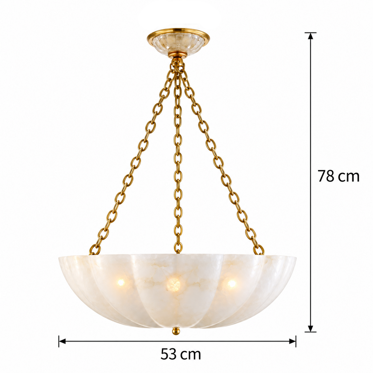 LuxRoyale Glass Bowl Chandelier - Fluted White Pendant Light with Brass Chain
