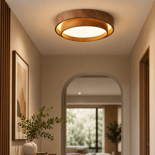 RoyaleGlow Wood-Grain Finish Ring Flush Mount Ceiling Light - Modern Round LED Fixture