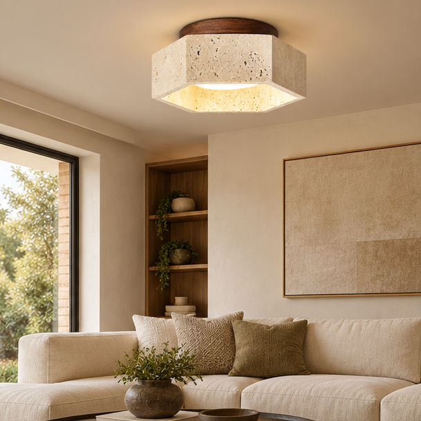 RoyaleGlow Travertine Stone And Wood Flush Mount Ceiling Lamp