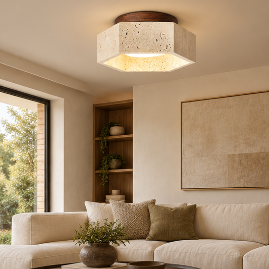RoyaleGlow Travertine Stone And Wood Flush Mount Ceiling Lamp