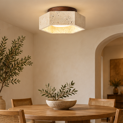 RoyaleGlow Travertine Stone And Wood Flush Mount Ceiling Lamp