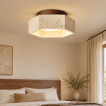 RoyaleGlow Travertine Stone And Wood Flush Mount Ceiling Lamp
