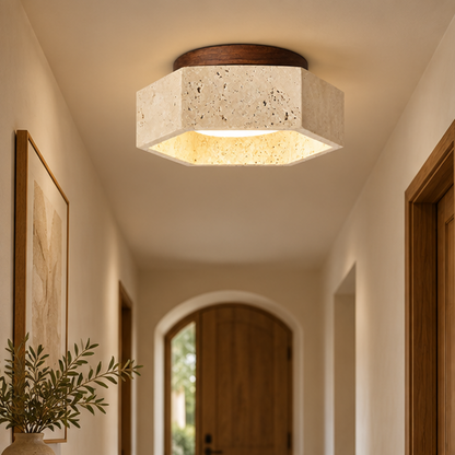 RoyaleGlow Travertine Stone And Wood Flush Mount Ceiling Lamp