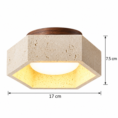 RoyaleGlow Travertine Stone And Wood Flush Mount Ceiling Lamp