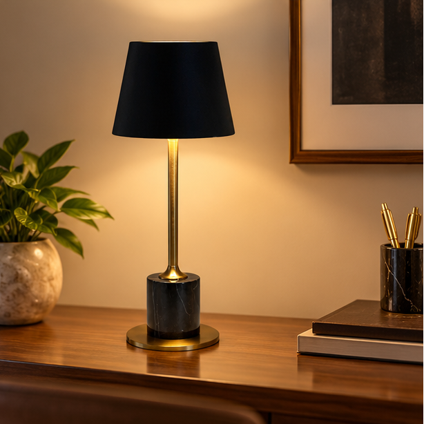 LuxRoyale Modern Marble Table Lamp with  Black Shade Brass Accent