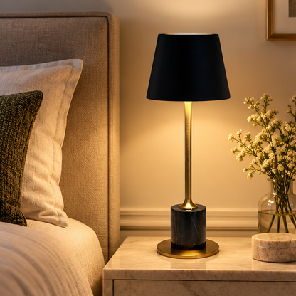 LuxRoyale Modern Marble Table Lamp with  Black Shade Brass Accent