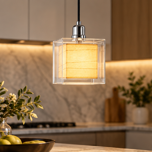 RoyaleGlow Glass Cube Pendant Light Beige Paper Diffuser