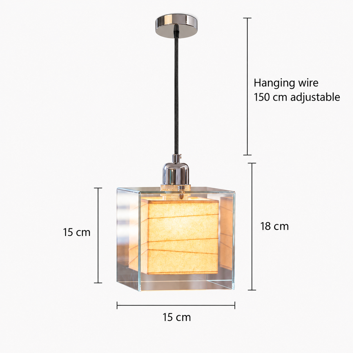 RoyaleGlow Glass Cube Pendant Light Beige Paper Diffuser