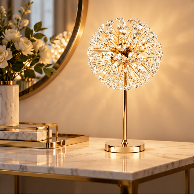 Royelux Crystal Dandelion Table Lamp - Gold Modern Bedside Light