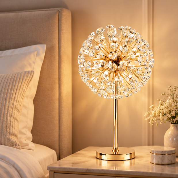 Royelux Crystal Dandelion Table Lamp - Gold Modern Bedside Light
