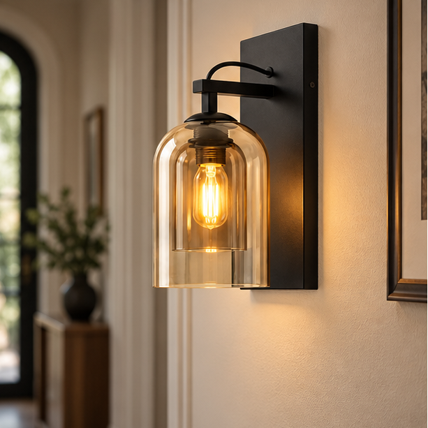 RoyaleGlow Modern Glass Wall Sconce - Black Metal Vanity Light Fixture