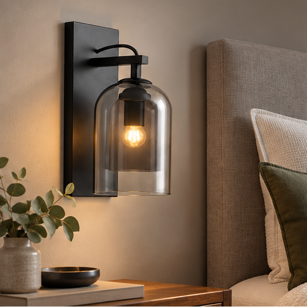 RoyaleGlow Modern Glass Wall Sconce - Black Metal Vanity Light Fixture