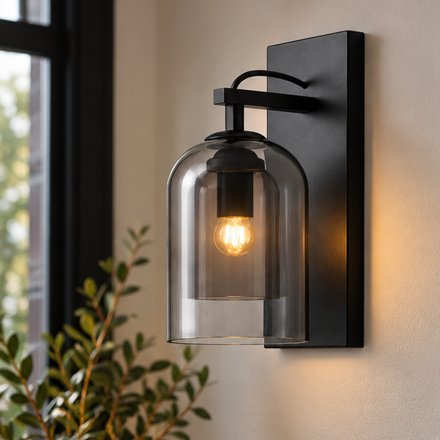 RoyaleGlow Modern Glass Wall Sconce - Black Metal Vanity Light Fixture