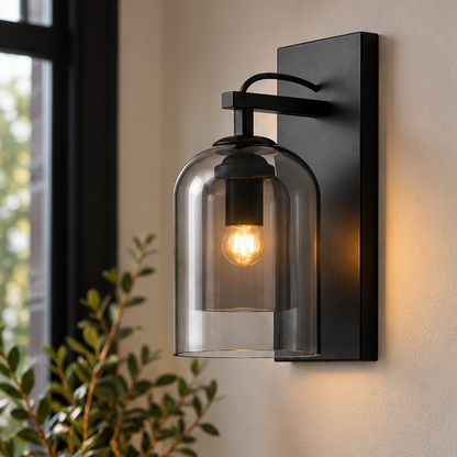 RoyaleGlow Modern Glass Wall Sconce - Black Metal Vanity Light Fixture