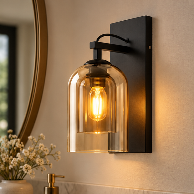 RoyaleGlow Modern Glass Wall Sconce - Black Metal Vanity Light Fixture